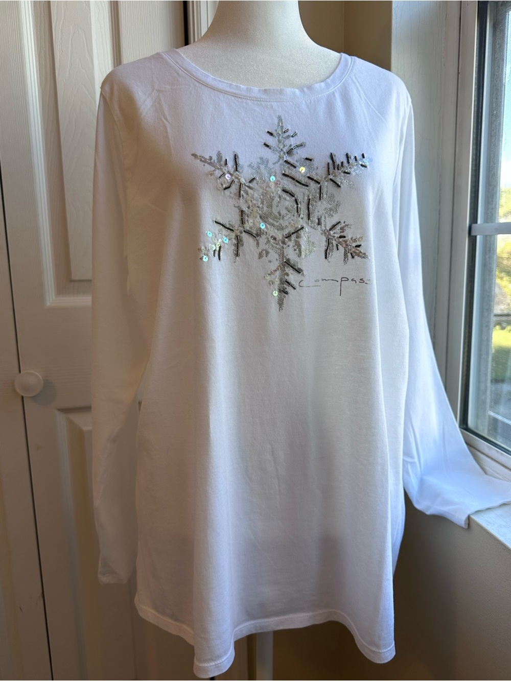 J. Jill White Long-Sleeve Top with Silver Snowflake